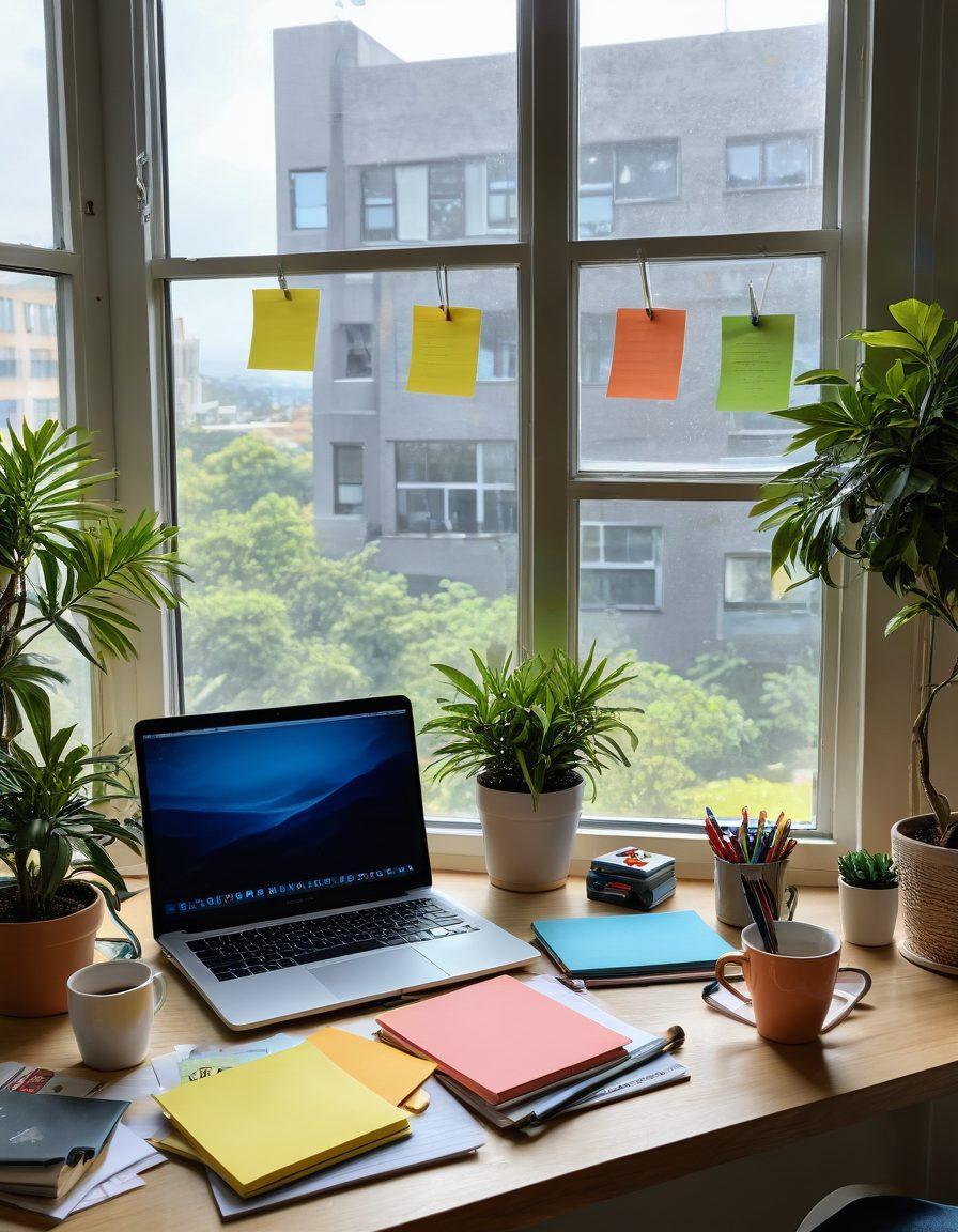 A dynamic workspace featuring a vibrant desk cluttered with a laptop, notebooks, and colorful stationery. In the background, a large window shows a sunny landscape with inspiration quotes on sticky notes. A coffee mug sits beside a potted plant, symbolizing creativity and growth. The image should evoke motivation and productivity. super-realistic. vibrant colors. bright and airy atmosphere.