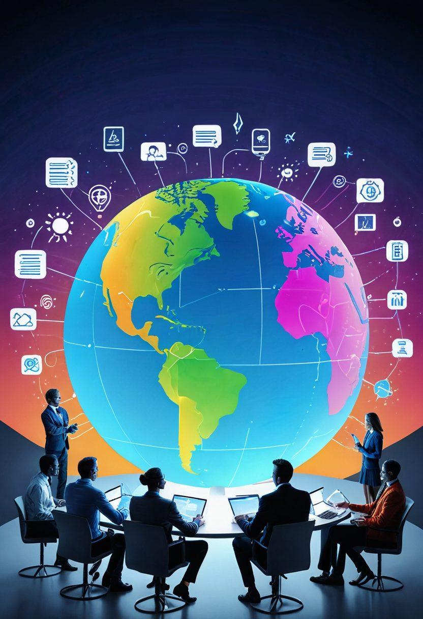 A vibrant digital landscape illustrating a diverse group of individuals brainstorming and discussing strategies around a large, glowing globe representing the blogosphere. Include symbols of SEO like graphs, keywords, and search bars floating around. Incorporate elements of thought leadership like lightbulbs and books, with a clear sky background. super-realistic. vibrant colors. 3D.